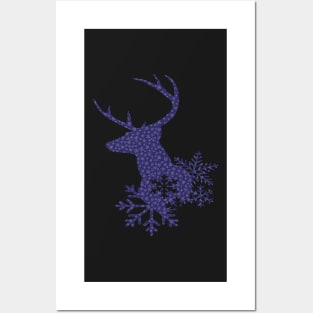 Christmas Snowflake Pattern Dark Blue Deer Posters and Art